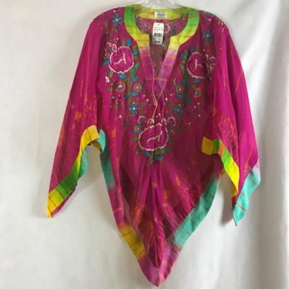 NWT Tashia London Silk Pullover V-neck Sheer Poncho with Embroidery Size M - Picture 12 of 14